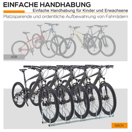 Support à vélo, résistant aux intempéries, durable, fixation au sol et au mur, acier, jusqu'à 5 vélos, argent, 145 x 33 x 27 cm