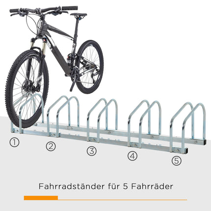Support à vélo, résistant aux intempéries, durable, fixation au sol et au mur, acier, jusqu'à 5 vélos, argent, 145 x 33 x 27 cm