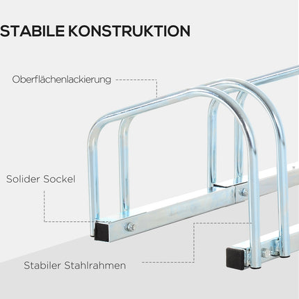 Support à vélo, résistant aux intempéries, durable, fixation au sol et au mur, acier, jusqu'à 5 vélos, argent, 145 x 33 x 27 cm