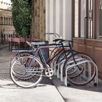 Support à vélo, résistant aux intempéries, durable, fixation au sol et au mur, acier, jusqu'à 5 vélos, argent, 145 x 33 x 27 cm