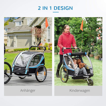 Fahrradanhänger & Kinderwagen, 360° schwenkbar, Stahlrahmen, blau/schwarz