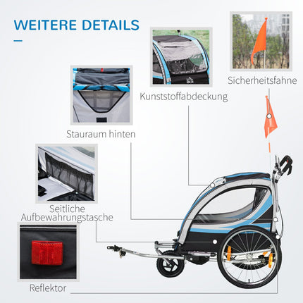 Fahrradanhänger & Kinderwagen, 360° schwenkbar, Stahlrahmen, blau/schwarz