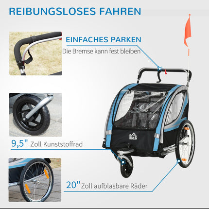 Fahrradanhänger & Kinderwagen, 360° schwenkbar, Stahlrahmen, blau/schwarz