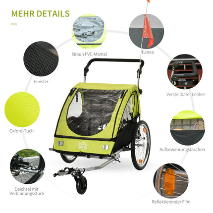Fahrrad-Kinderwagen, 360° drehbar, Grün/Schwarz
