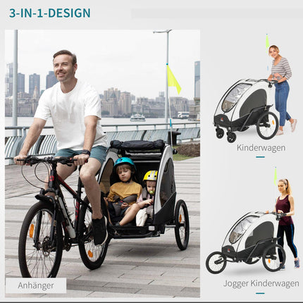 3-in-1 Kinderfahrradanhänger und Jogger, Aluminium, 2 Sitze