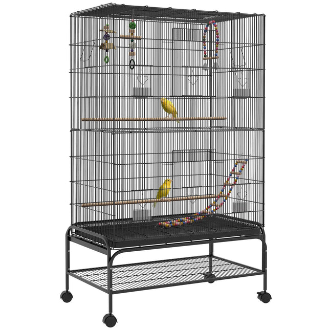 Cage à oiseaux, volière avec perchoirs, construction d'oiseaux avec étagère, roulettes, plateau de base amovible, volière avec portes, noir