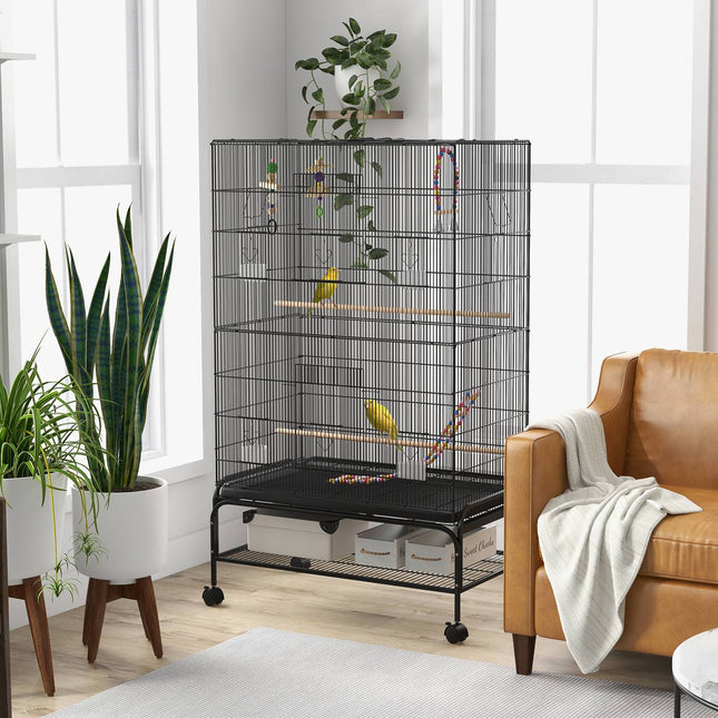 Cage à oiseaux, volière avec perchoirs, construction d'oiseaux avec étagère, roulettes, plateau de base amovible, volière avec portes, noir