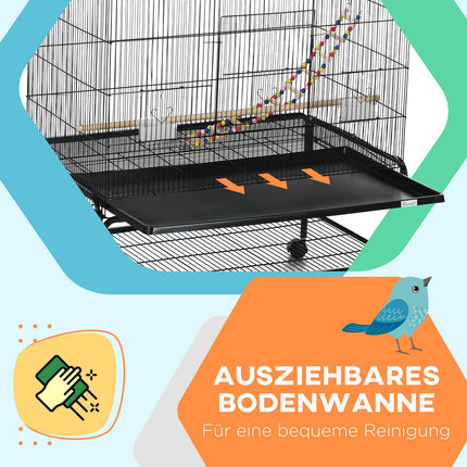 Bird cage aviary with perches, wheels and removable tray