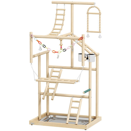 Bird Play Stand, 4 Levels, Stainless Tray, Natural Wood