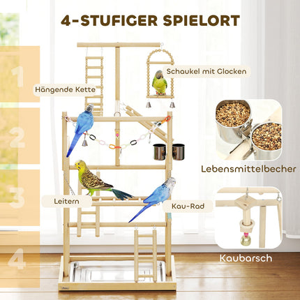Bird Play Stand, 4 Levels, Stainless Tray, Natural Wood