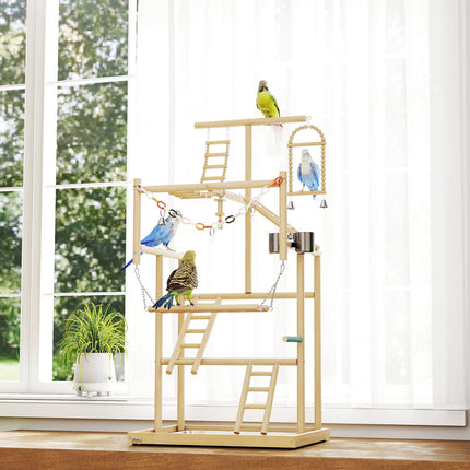 Bird Play Stand, 4 Levels, Stainless Tray, Natural Wood