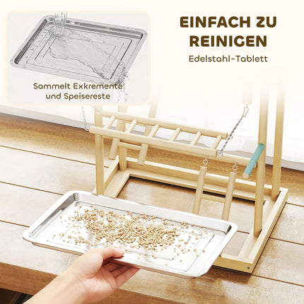 Bird Play Stand, 4 Levels, Stainless Tray, Natural Wood