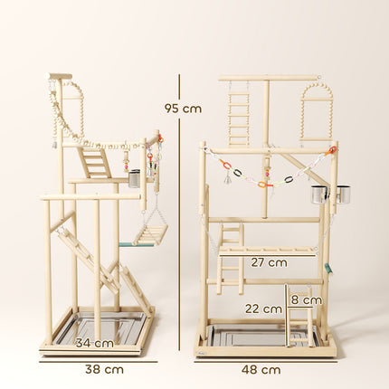 Bird Play Stand, 4 Levels, Stainless Tray, Natural Wood