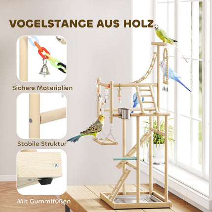 Bird Play Stand, 4 Levels, Stainless Tray, Natural Wood