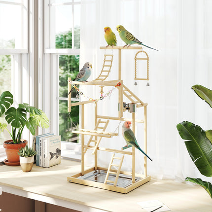 Bird Play Stand, 4 Levels, Stainless Tray, Natural Wood