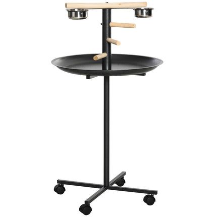 Bird Play Stand on Wheels with 2 Stainless Steel Bowls, Round Tray, Grey