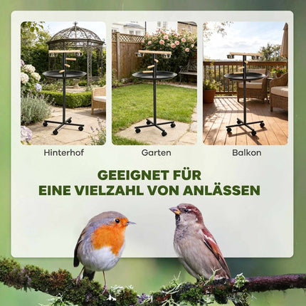 Bird Play Stand on Wheels with 2 Stainless Steel Bowls, Round Tray, Grey