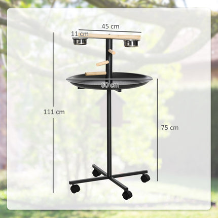 Bird Play Stand on Wheels with 2 Stainless Steel Bowls, Round Tray, Grey