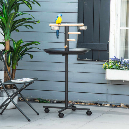 Bird Play Stand on Wheels with 2 Stainless Steel Bowls, Round Tray, Grey