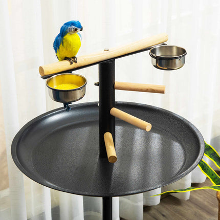 Bird Play Stand on Wheels with 2 Stainless Steel Bowls, Round Tray, Grey