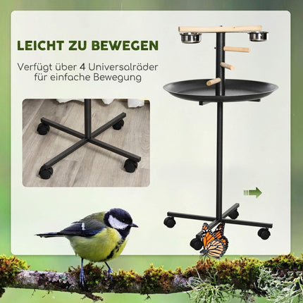 Bird Play Stand on Wheels with 2 Stainless Steel Bowls, Round Tray, Grey
