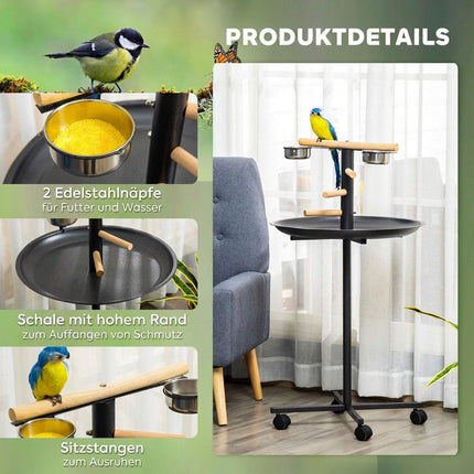 Bird Play Stand on Wheels with 2 Stainless Steel Bowls, Round Tray, Grey