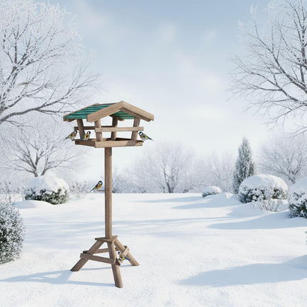 Vogelhaus mit Ständer – aus Holz, wetterfestes Dach
