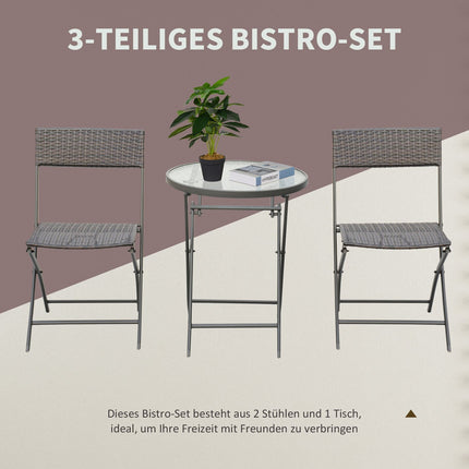 3-piece poly rattan folding bistro set for balcony - Brown