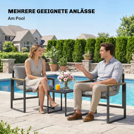 Bistro-Set mit gepolsterten Stühlen und Tisch, Schwarz/Grau