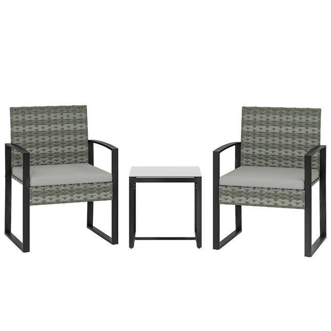 Bistro-Set mit Kissen, PE-Rattan, Glasplatte