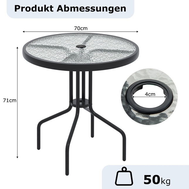Bistrotisch mit Schirmloch, 70 cm Glasplatte