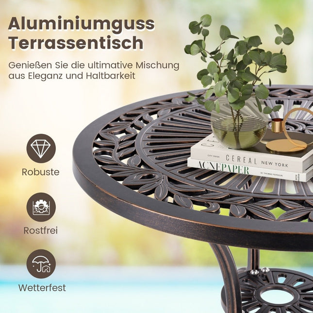 Bistrotisch aus Aluguss, wetterfester Balkontisch mit Schirmloch 61 x 61 x 71 cm Kupferrot