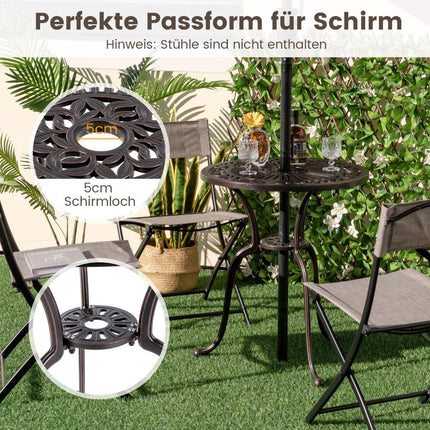 Bistrotafel van gegoten aluminium, weerbestendige balkontafel met parasolgat 61 x 61 x 71 cm koperrood