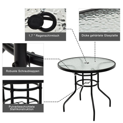 Bistrotisch aus Metall mit Schirmloch und verdickter Glasplatte Gartentisch Glastisch schwarz