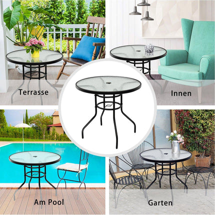 Bistrotisch aus Metall mit Schirmloch und verdickter Glasplatte Gartentisch Glastisch schwarz