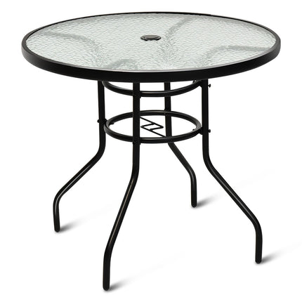 Bistrotisch aus Metall mit Schirmloch und verdickter Glasplatte Gartentisch Glastisch schwarz