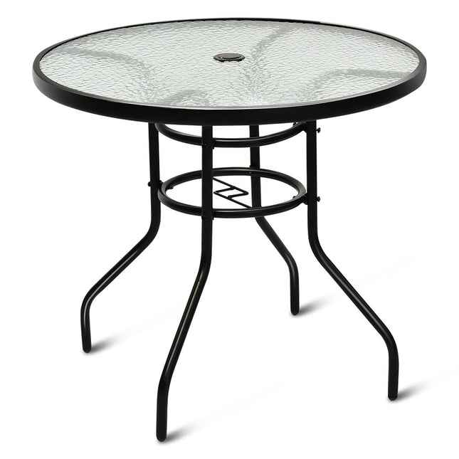 Bistrotisch aus Metall mit Schirmloch und verdickter Glasplatte Gartentisch Glastisch schwarz