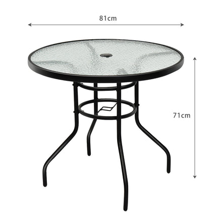 Bistrotisch aus Metall mit Schirmloch und verdickter Glasplatte Gartentisch Glastisch schwarz