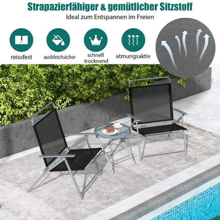 Bistro stůl se 2 židlemi, skládací balkonový set, 3dílná sestava zahradního nábytku s kovovým rámem
