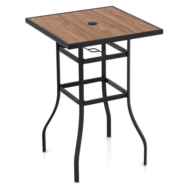 Bistrotisch mit Schirmloch &amp; Tischplatte in Holzoptik. Gartentisch. Quadratischer Balkontisch