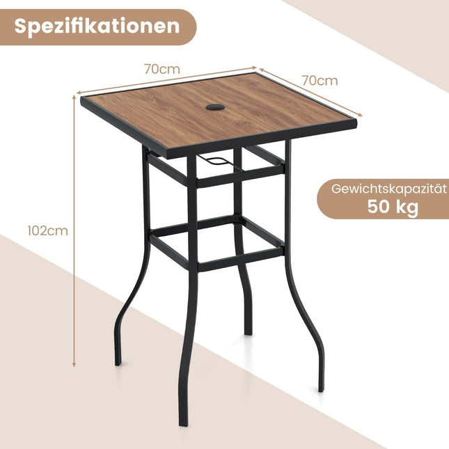 Bistrotisch mit Schirmloch &amp; Tischplatte in Holzoptik. Gartentisch. Quadratischer Balkontisch