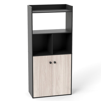 Schwarzes 3-stöckiges Bücherregal mit Doppeltürschrank