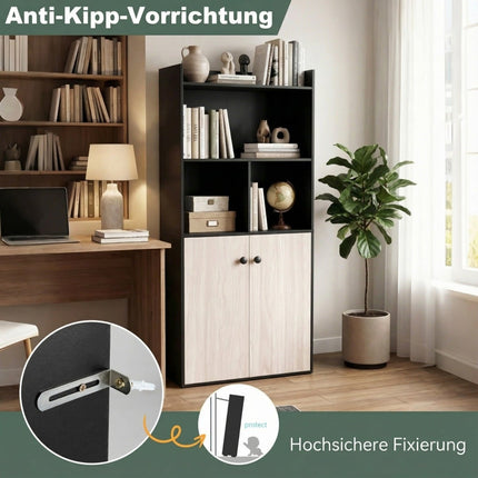 Schwarzes 3-stöckiges Bücherregal mit Doppeltürschrank