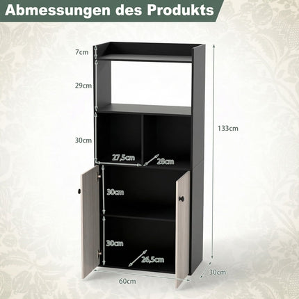 Schwarzes 3-stöckiges Bücherregal mit Doppeltürschrank