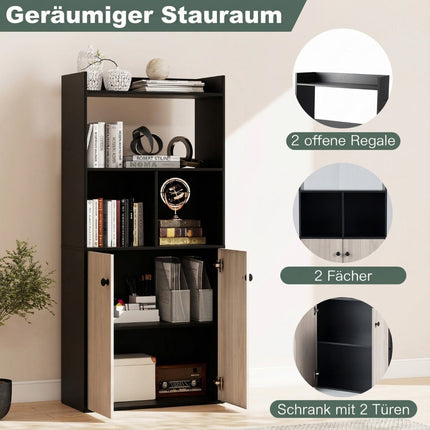 Schwarzes 3-stöckiges Bücherregal mit Doppeltürschrank