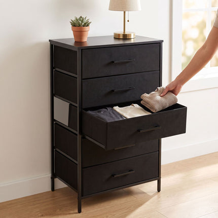 Black 5-Drawer Fabric Chest – Metal Frame, MDF Top