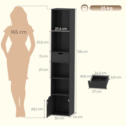 Black 6-Tier Bookshelf with Drawer and Adjustable Shelf