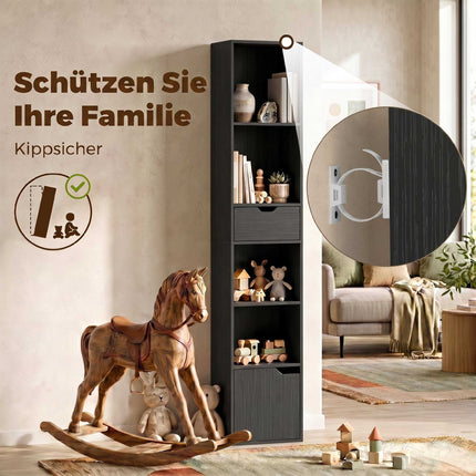 Black 6-Tier Bookshelf with Drawer and Adjustable Shelf