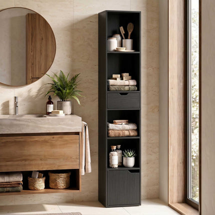 Black 6-Tier Bookshelf with Drawer and Adjustable Shelf