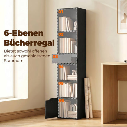 Black 6-Tier Bookshelf with Drawer and Adjustable Shelf